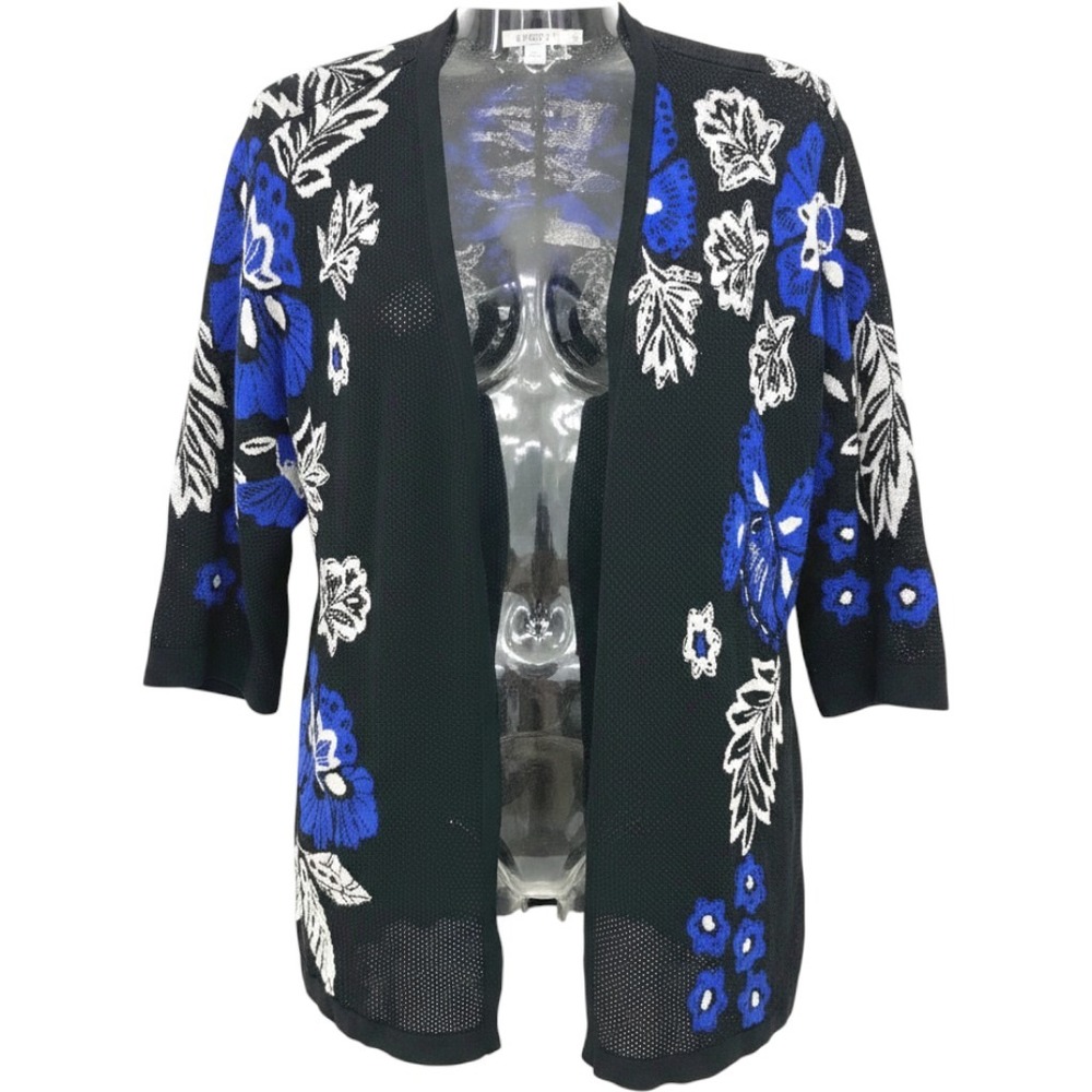Chico's 1/M Black & Blue Floral Mesh Knit Cardigan Whimsigoth Dark Romance Chic